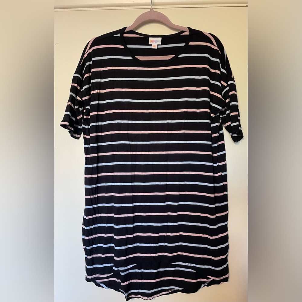 LuLaRoe Black Irma with Blue and Pink Stripes